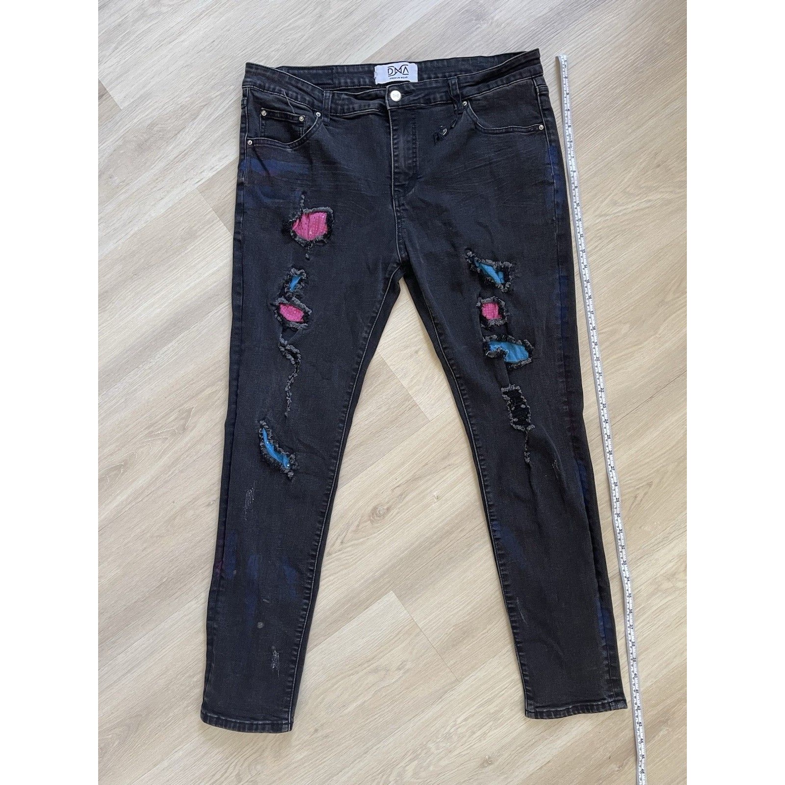 Dna Premium Wear Black Distressed Colored Patch Skinny Jeans Slim Fit Men 38